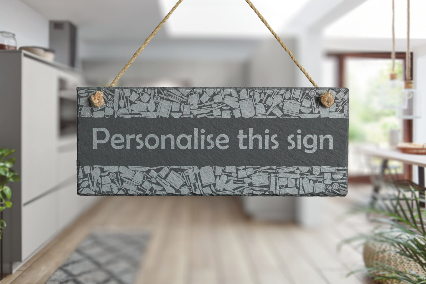 Decorative slate sign with 'Personalise this sign' text in a kitchen setting