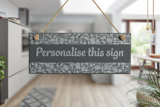 Decorative slate sign with 'Personalise this sign' text in a kitchen setting